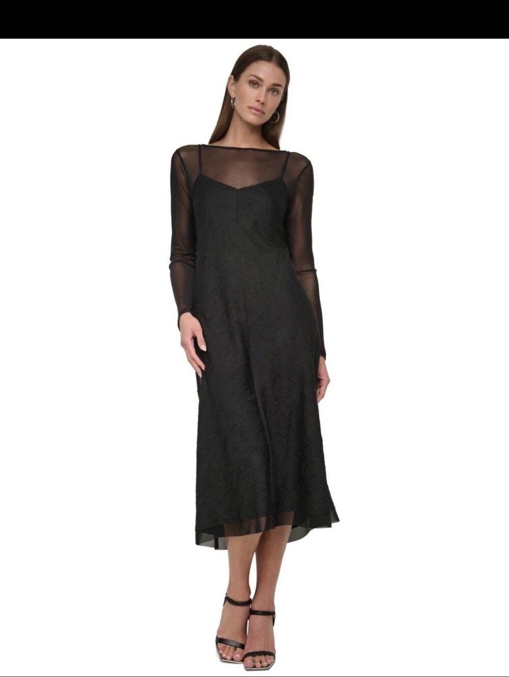 DKNY Black Mesh Illusion Maxi Dress Size 16 NWT Sheer Long Sleeve $139 Cocktail